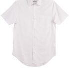 Short-sleeve white button-up shirt with a breast pocket, laid flat on a white background.