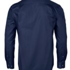 Back view of a long-sleeve, dark blue dress shirt with buttoned cuffs.