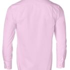 Back view of a long-sleeve, light pink dress shirt with buttons on the cuffs.