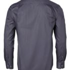 Back view of a long-sleeve, dark gray dress shirt with buttoned cuffs.