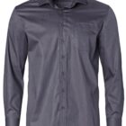 Dark gray long-sleeve button-up shirt with a collar and chest pocket, displayed on white.
