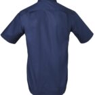 Short-sleeve navy blue collared shirt shown from the back.