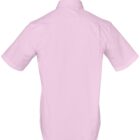 Back view of a light pink short-sleeve collared shirt on a white background.