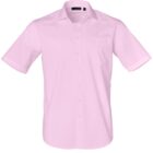 Light pink short-sleeve button-up shirt with a chest pocket, displayed on a white background.