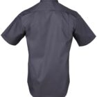 Back view of a short-sleeve, dark gray collared shirt on a plain white background.