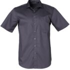 Dark gray short-sleeve button-up shirt with a chest pocket, displayed on a white background.