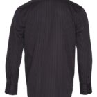 Back view of a long-sleeve, black dress shirt with thin vertical white pinstripes.