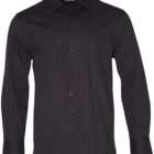Black long-sleeve button-up shirt with thin vertical gray stripes.