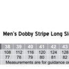Size chart for mens cotton long sleeve shirt with chest and body length measurements.