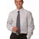 Smiling man in a striped dress shirt and tie, standing against a white background.