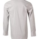 Back view of a long-sleeve, light gray striped dress shirt with buttoned cuffs.