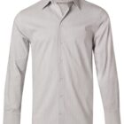 Light gray long-sleeve dress shirt with thin vertical stripes and buttons down the front.