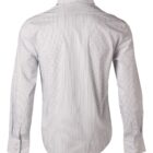 Back view of a long-sleeve, white dress shirt with thin vertical gray stripes.