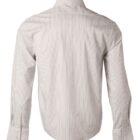 Back view of a long-sleeve, white dress shirt with thin vertical stripes.
