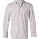 White button-up shirt with thin vertical gray stripes and long sleeves.