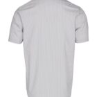 Back view of a short-sleeve, light gray pinstripe button-up shirt.