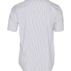 Back view of a short-sleeve, light blue and white striped button-up shirt.