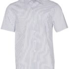 Short-sleeved, button-up shirt with thin vertical stripes in white and light blue.