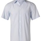 Light blue short-sleeve button-up shirt with a chest pocket, displayed on a white background.