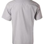 Back view of a light gray, short-sleeve button-up shirt with a collar.