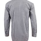 Back view of a black and white checkered long-sleeve button-up shirt.