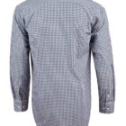 Back view of a long-sleeved, black and white checkered dress shirt.