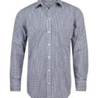 Men’s long-sleeve button-up shirt with black and white checkered pattern.