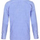 Back view of a blue and white checkered long-sleeve button-up shirt.