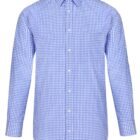 Blue and white checkered button-up long sleeve shirt with a collar.