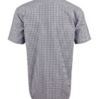 Back view of a short-sleeve, black and white checkered button-up shirt.