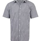 Short-sleeve black and white checkered button-up shirt.