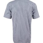 Back view of a short-sleeve, blue and white checkered button-up shirt.