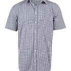 Short-sleeve, button-up shirt with a black and white checkered pattern.