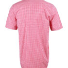 Back view of a short-sleeve red and white checkered button-up shirt.