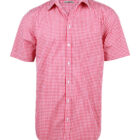 Red and white checkered short-sleeve button-up shirt with a collar.