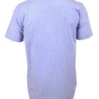 Back view of a short-sleeve, blue and white checkered mens shirt.