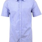 Blue and white checkered short-sleeve button-up shirt on a plain background.