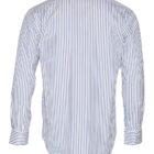 Back view of a long-sleeve, white dress shirt with vertical blue stripes.