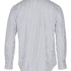 Back view of a long-sleeve, white dress shirt with vertical black stripes.