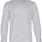 White long-sleeve button-up shirt with vertical black stripes.