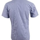 Back view of a short-sleeve blue and white checkered button-up shirt.