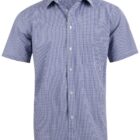 Short-sleeve, blue and white checkered button-up shirt with a front pocket.