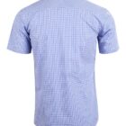 Back view of a short-sleeve blue and white checkered shirt on a white background.