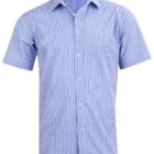 Light blue and white checkered short-sleeve button-up shirt on a white background.