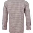 Back view of a long-sleeve, brown and white checkered shirt.