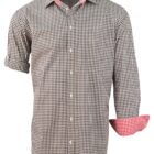 Black and white checkered button-up shirt with rolled sleeves and red inner cuffs.