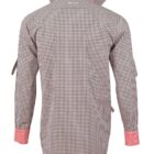 Back view of a black and white checkered shirt with red accents on the collar and cuffs.