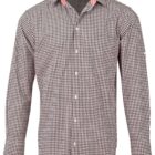 Long-sleeve button-up shirt with black and white checkered pattern.