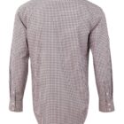 Back view of a long-sleeve, brown and white checkered button-up shirt.