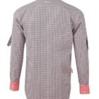 Back view of a checkered long-sleeve shirt with orange collar and cuffs.
